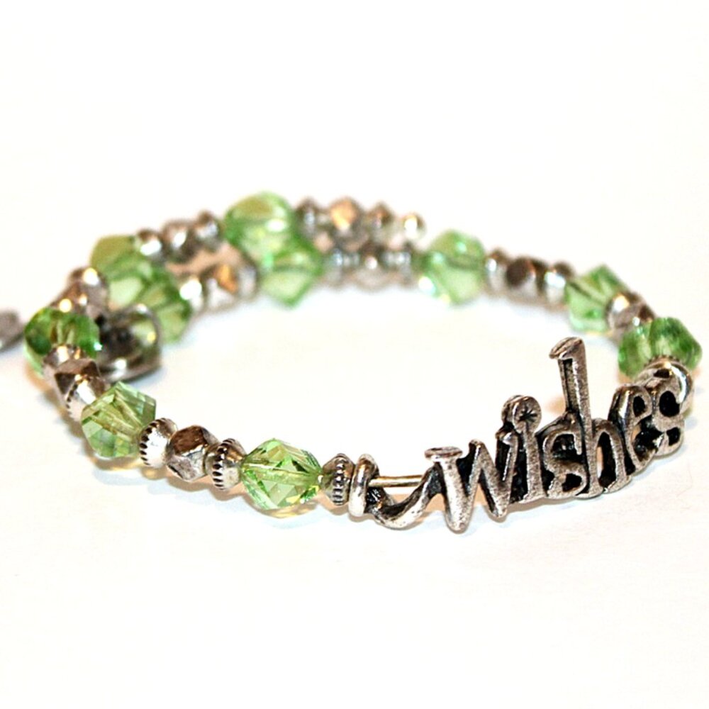 Disney Alex and Ani "Wishes" Memory Wrap Bracelet Beaded Silver & Green w Charms